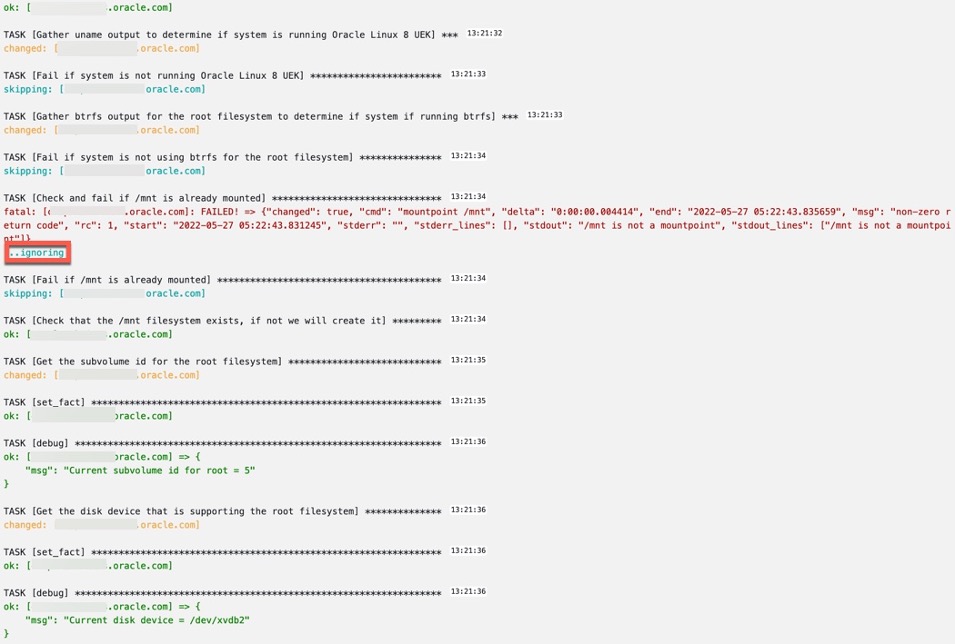 Description of example output of create an ad hoc Btrfs snapshot (1 of 2) follows