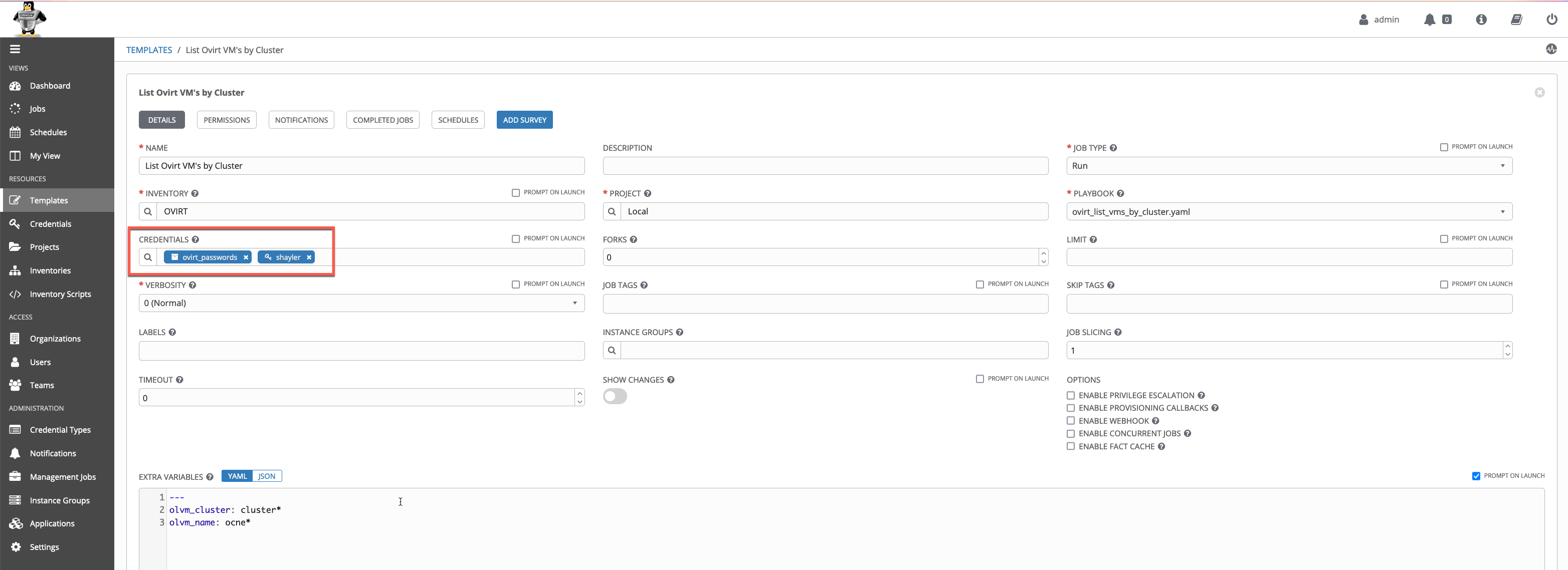 Description of credentials needed for an OLVM for ovirt Template